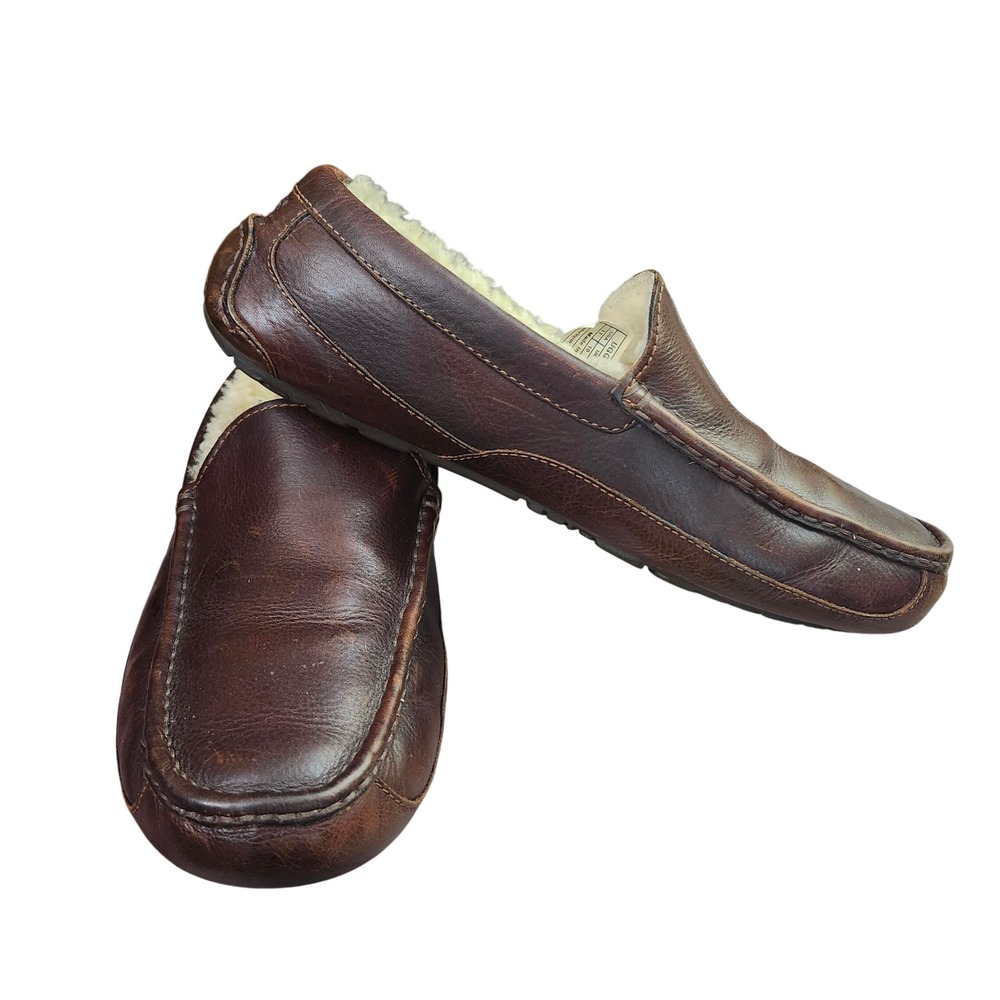 UGG Australia Ascot Mens Dark Brown Leather Wool Lined Slippers Size 11 Cozy